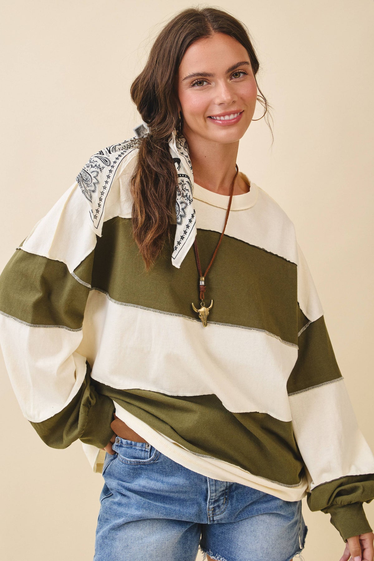 8551GN Contrast Panel Long Sleeve Slouchy Pullover 1