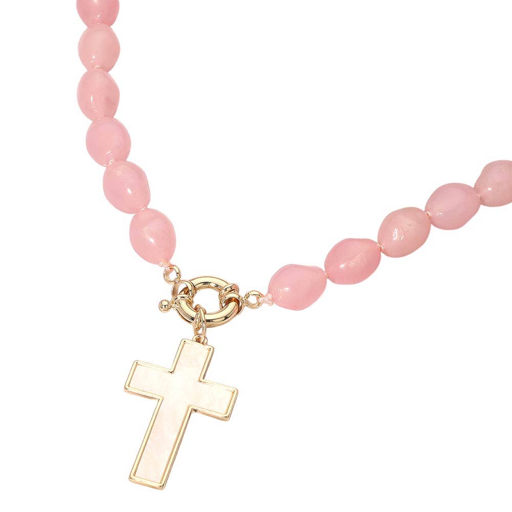 Mother of Pearl Cross Toggle Pendant Beaded Necklace