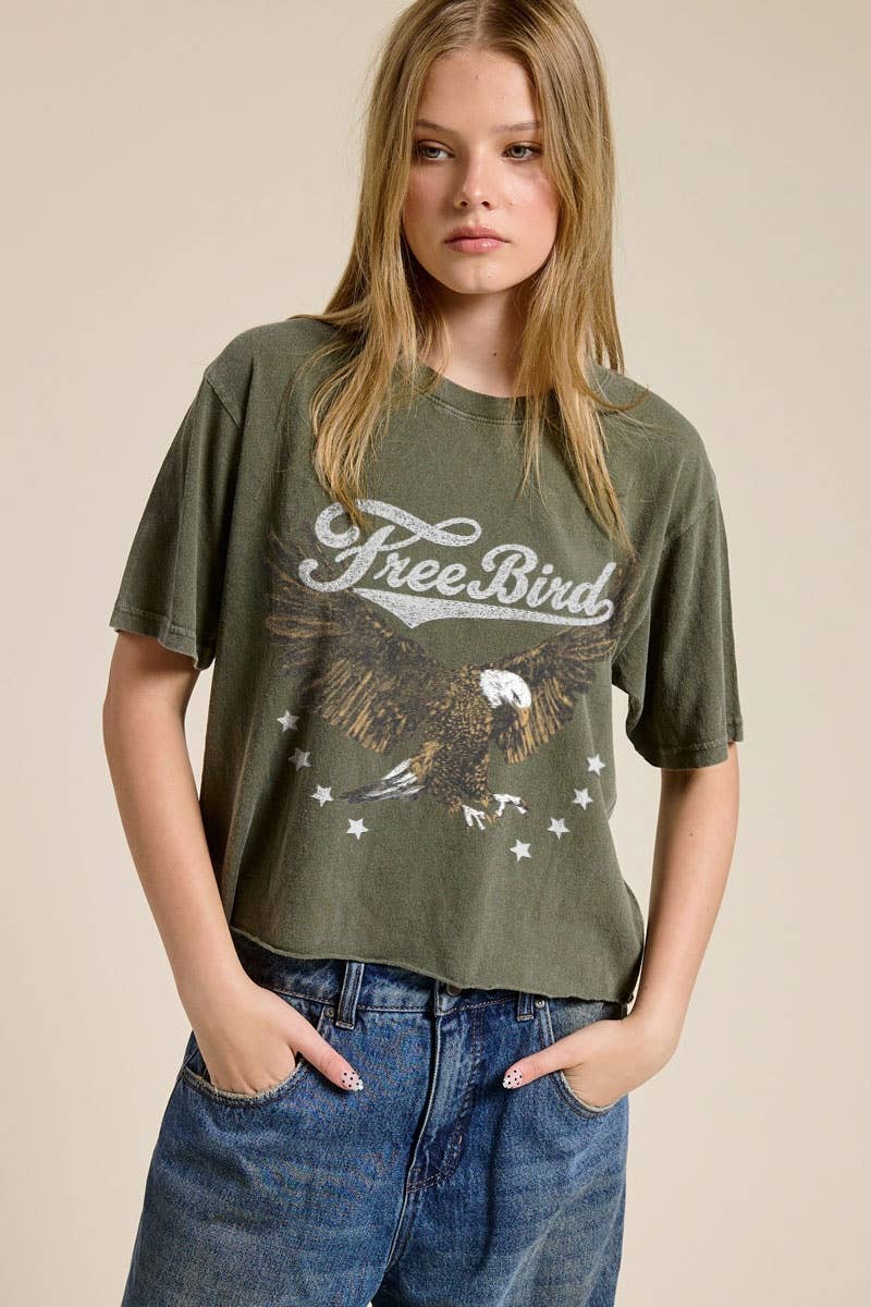 PUFF' Free Bird Graphic Raw Hem Faux Crop Tee