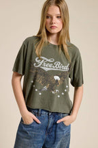 PUFF' Free Bird Graphic Raw Hem Faux Crop Tee