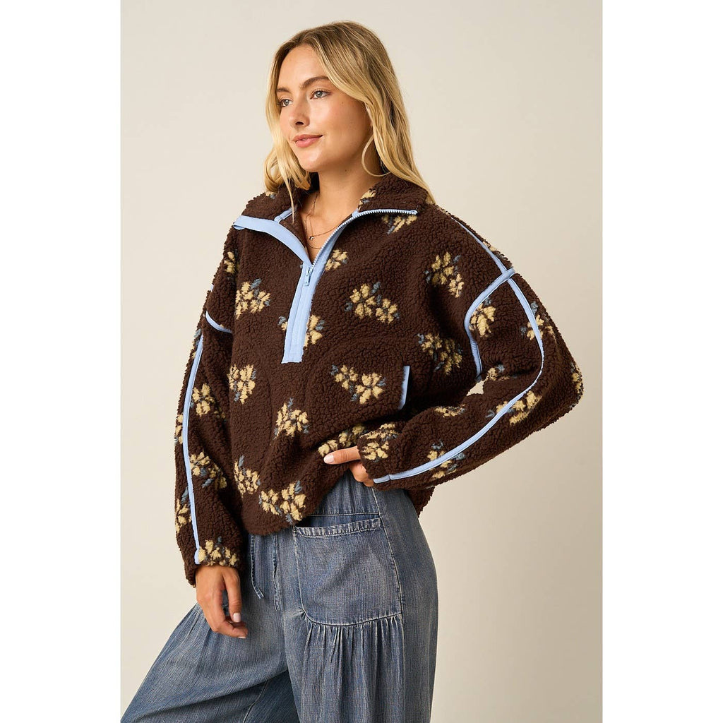FLOWER PRINT HALF ZIP CONTRAST FLEECE SWEATSHIRT