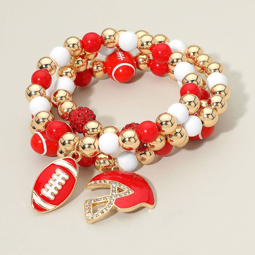 3PCS - Game Day Football Helmet Charm Beaded Stretch Multi Layered Bracelets
