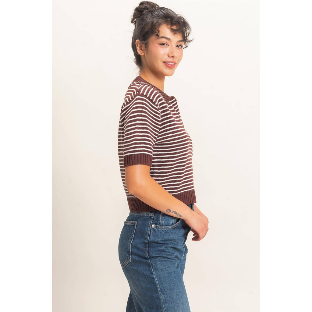 Striped Short Sleeve Collar Knit Top