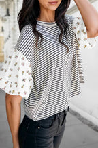 Stripe Floral Puff Sleeve Round Neck Top | S-XL