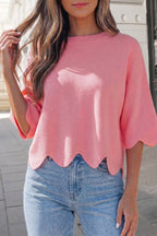 Solid Scalloped Hem 3/4 Sleeve Sweater Top | S-XL