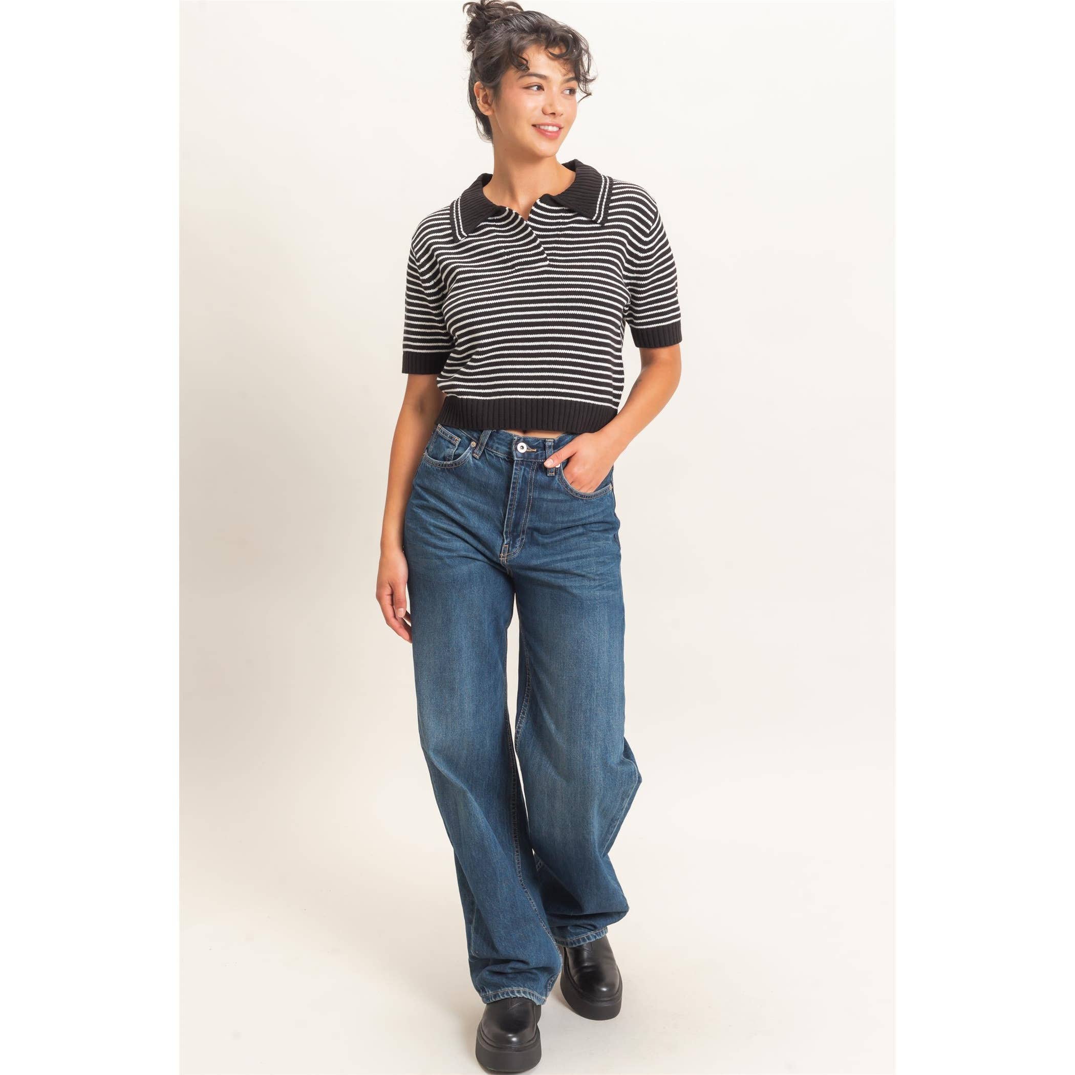 Striped Short Sleeve Collar Knit Top