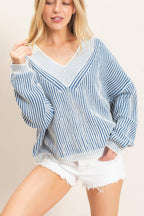 Striped V-neck Ribbed Sweater