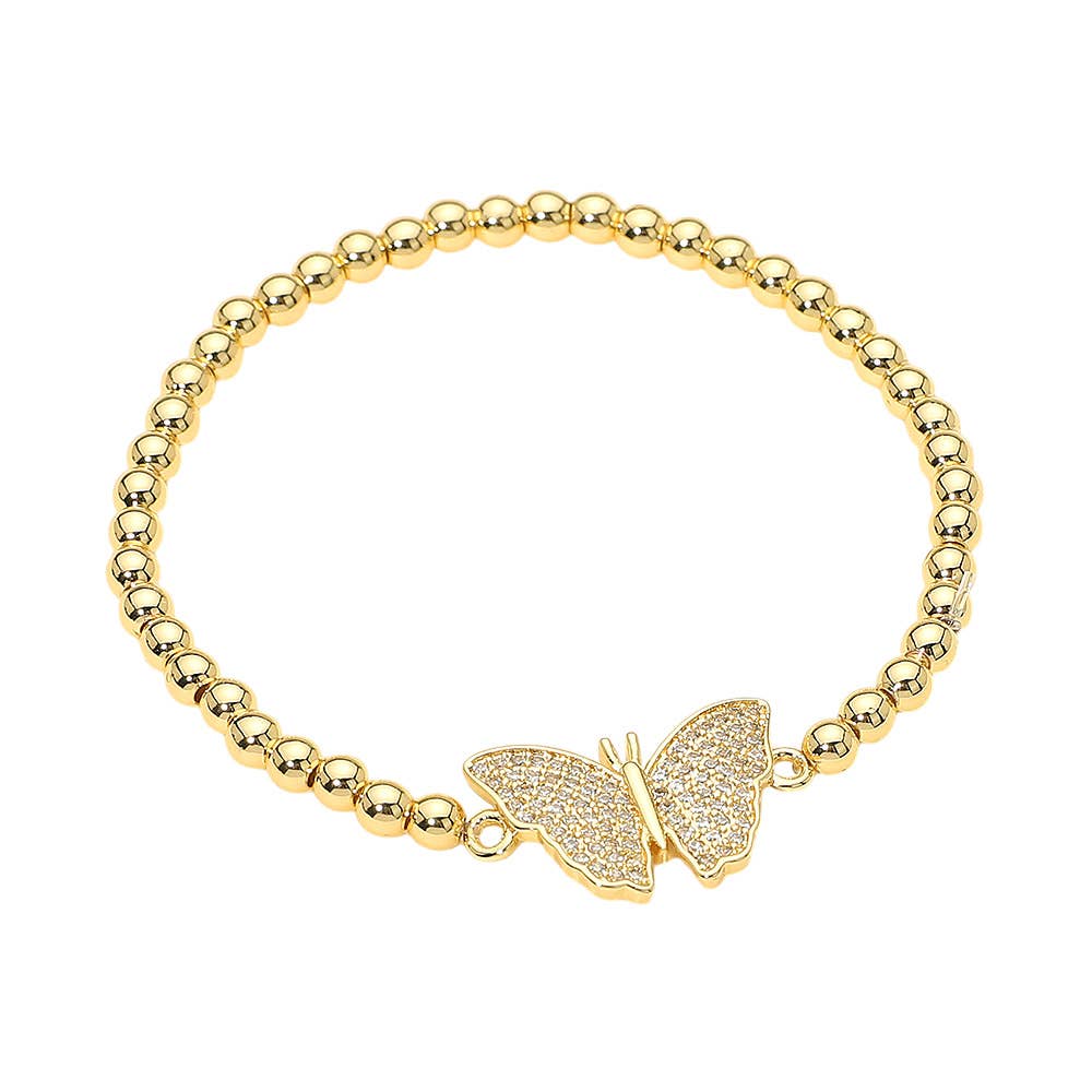 Stainless Steel Rhinestone Pave Butterfly Charm Beaded Stretch Bracelet