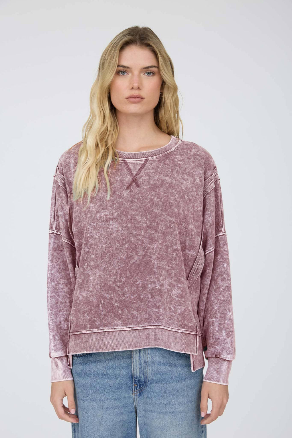 ACID WASH LONG SLEEVE SIDE SLIT KNIT TOP