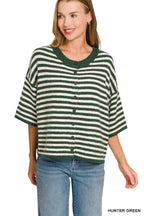 Striped Wool Blend Short Sleeve Cardigan Sweater