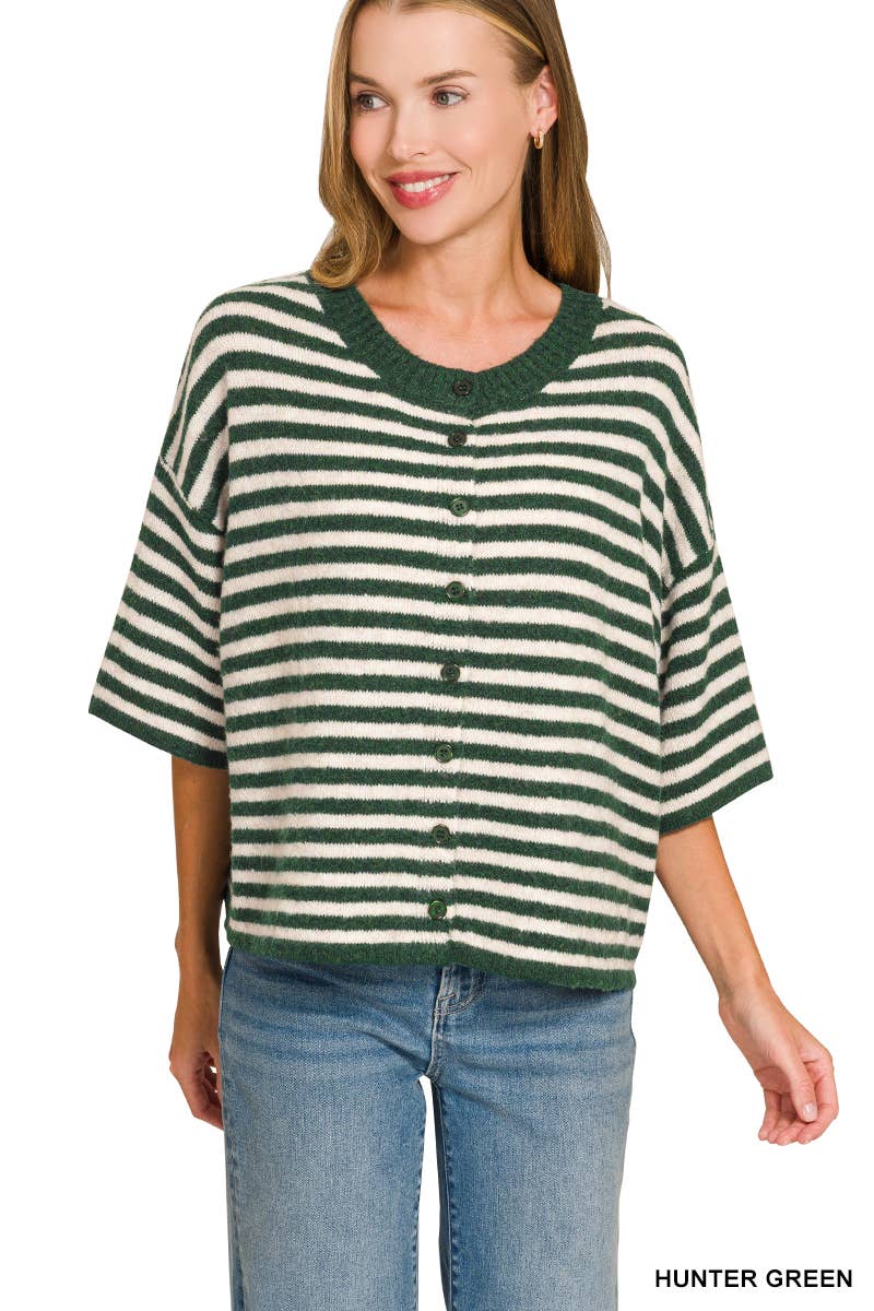Striped Wool Blend Short Sleeve Cardigan Sweater