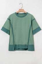 PRETTY BASH Colorblock 3/4 Sleeve Raw Seam High-Low Top