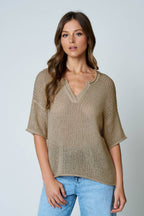 SPLIT NECK SHORT SLEEVE SHEER CROCHET KNIT TOP (PRE-ORDER)