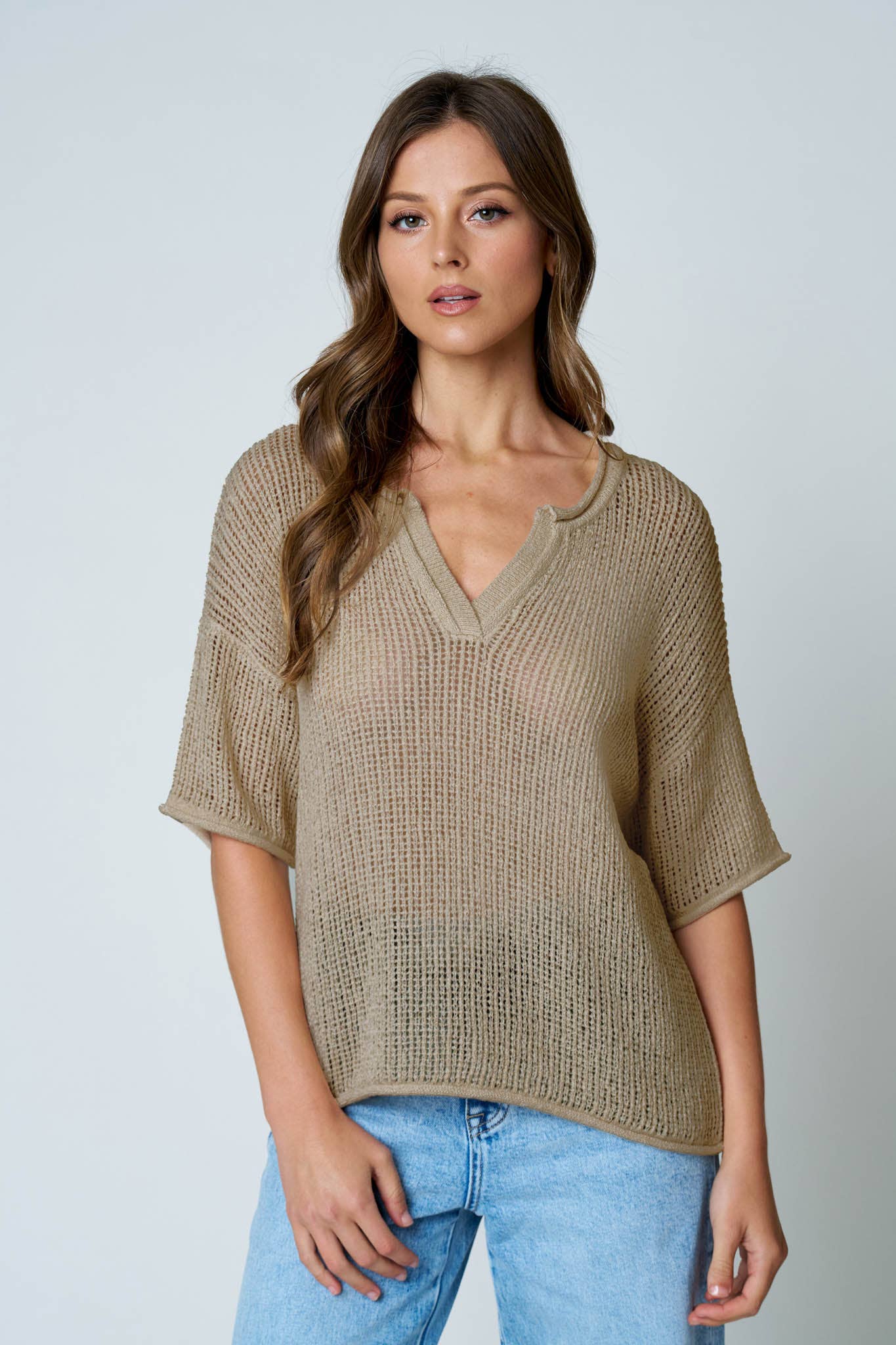 SPLIT NECK SHORT SLEEVE SHEER CROCHET KNIT TOP (PRE-ORDER)