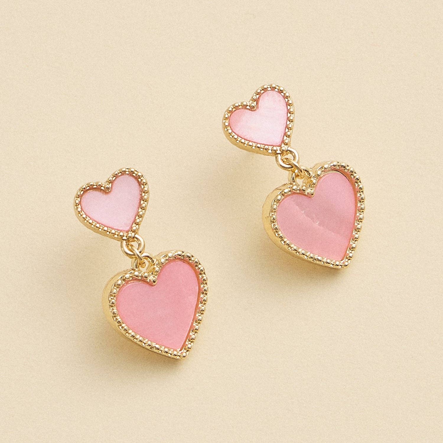 Dual Heart Shell Drop Earrings | Natural Inlay with Polished Metal Trim