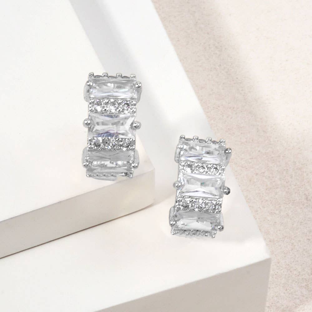 14K Gold Dipped Geometric CZ Baguette Huggie Hoop Earrings