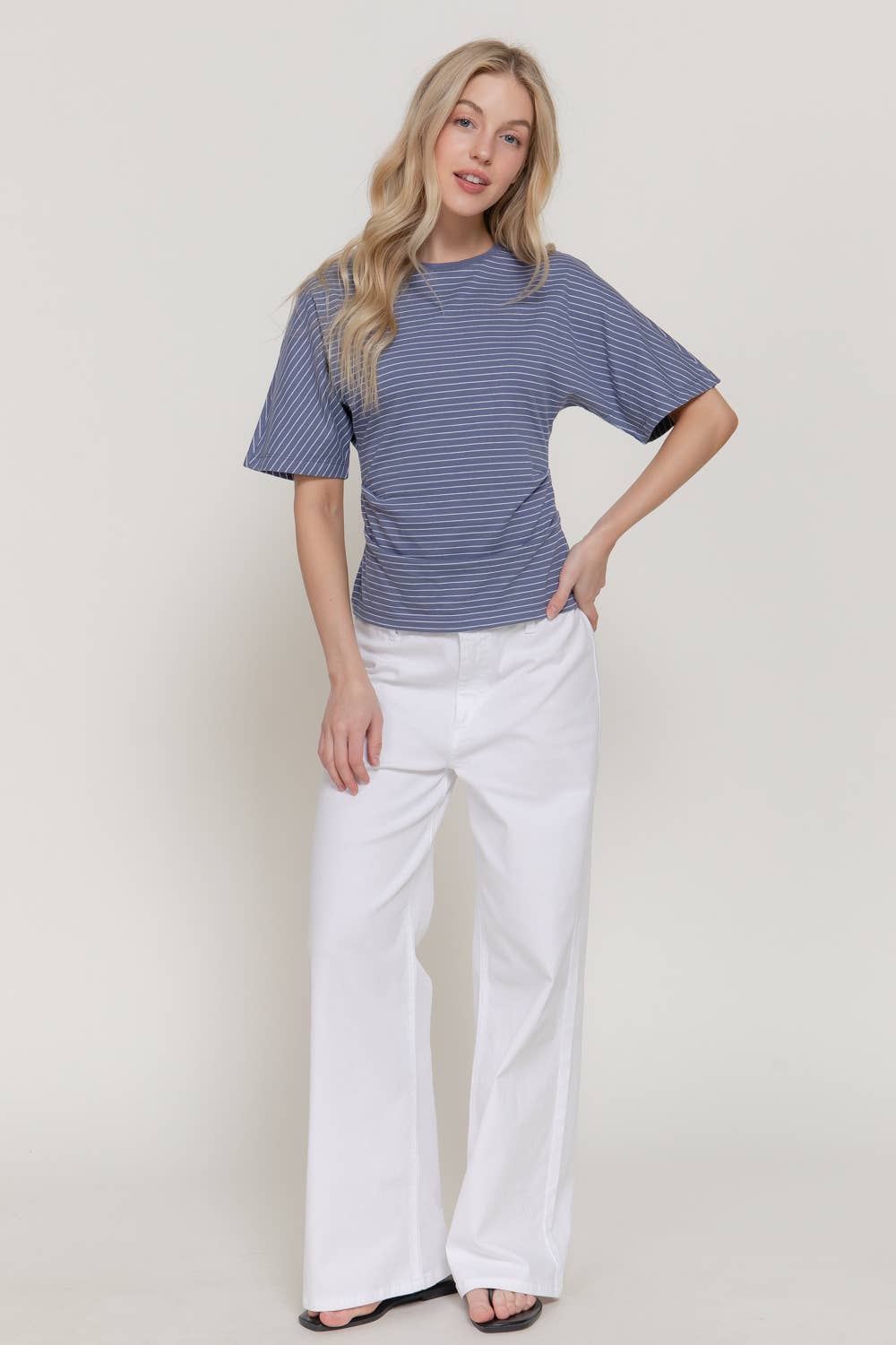 Short Dolman Sleeve Defined Silhouette Stripe Knit Top