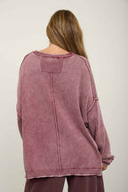 WASHED RAW EDGE CREW NECK DROP SLEEVE SWEATER