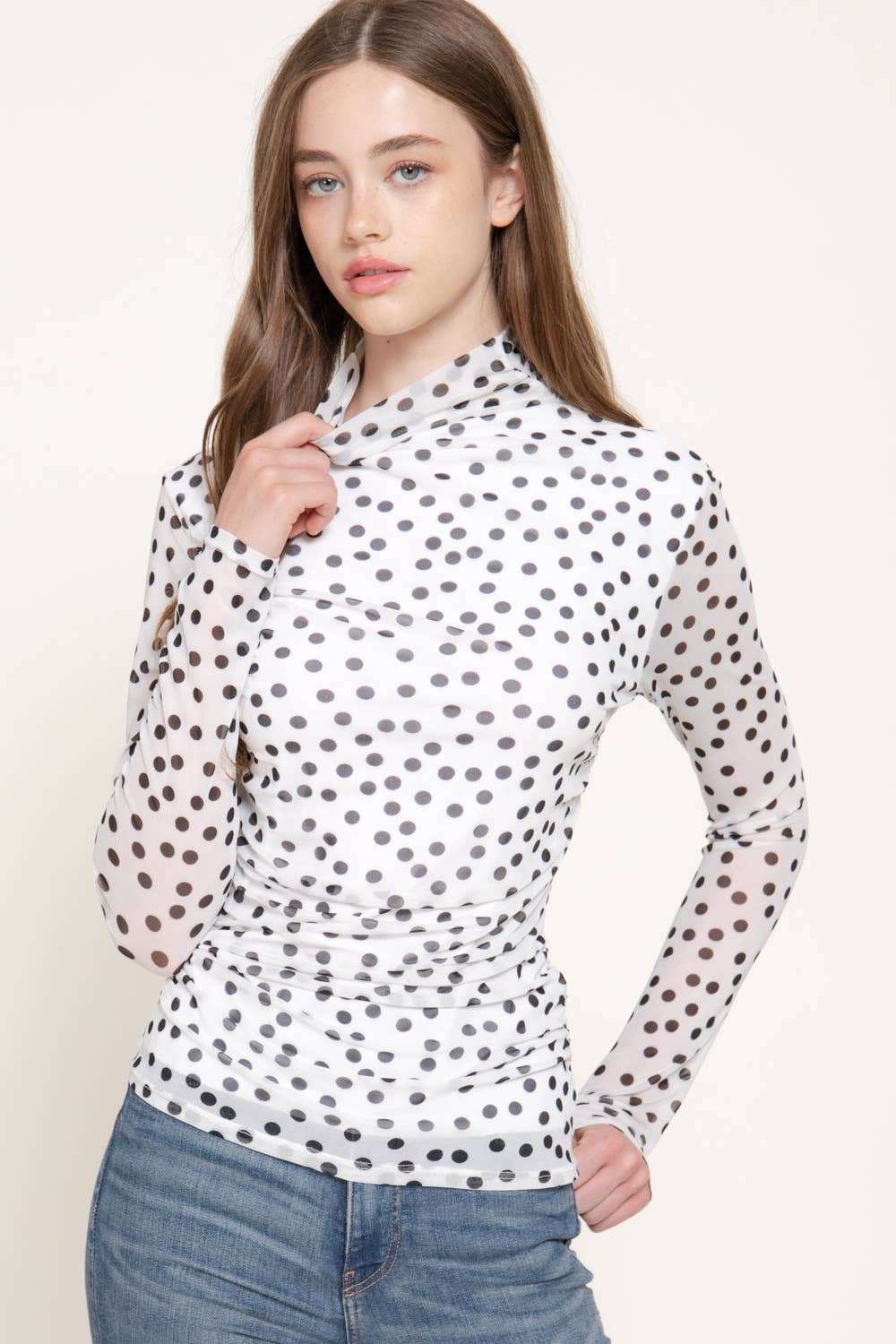 Long Sleeve High Neck Ruched Dot Print Mesh Top