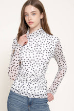 Long Sleeve High Neck Ruched Dot Print Mesh Top