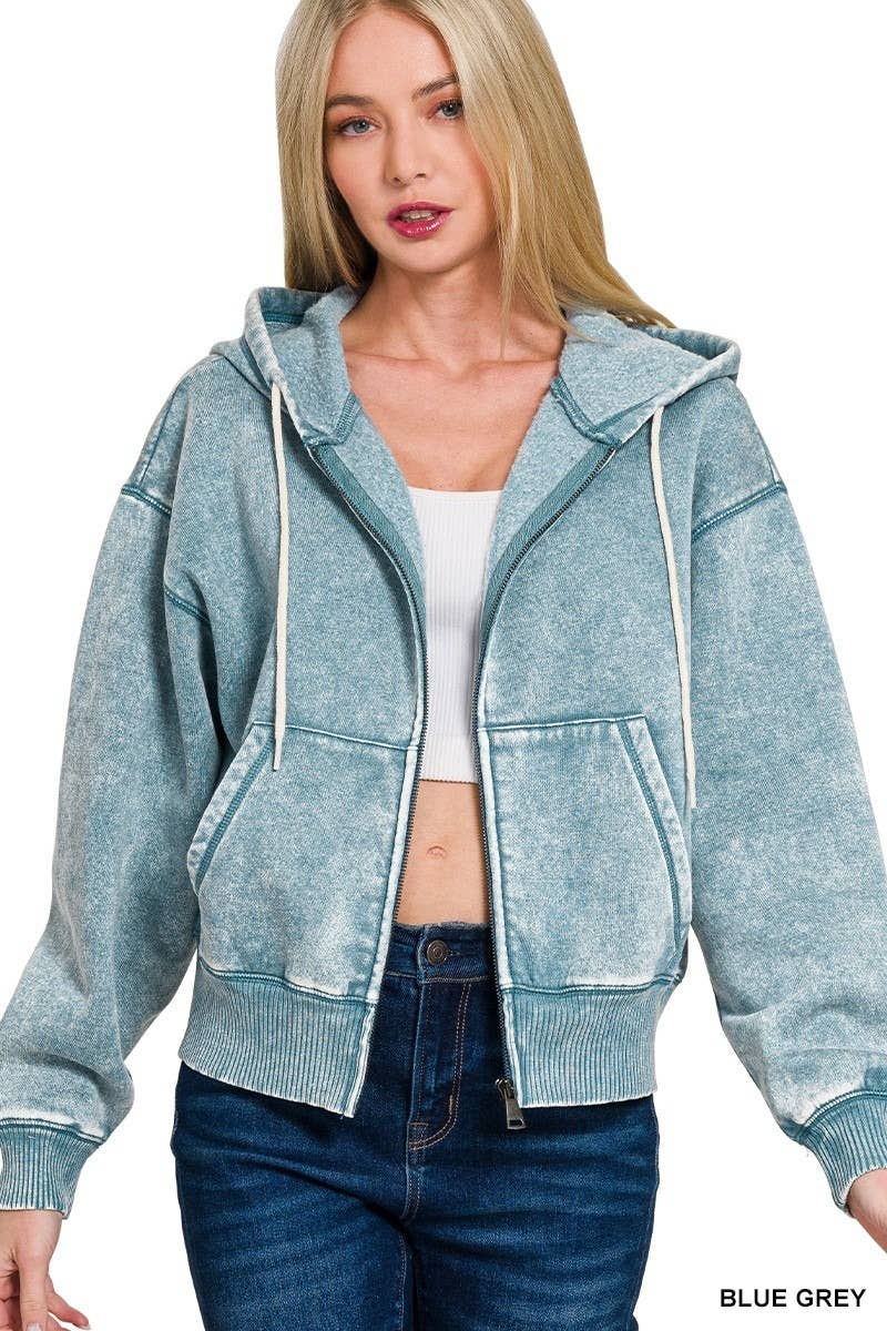 Acid Wash Fleece Cropped Zip-up Hoodie W Pockets