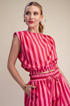 Stripe Top With Padded Shoulder and Elastic Waist