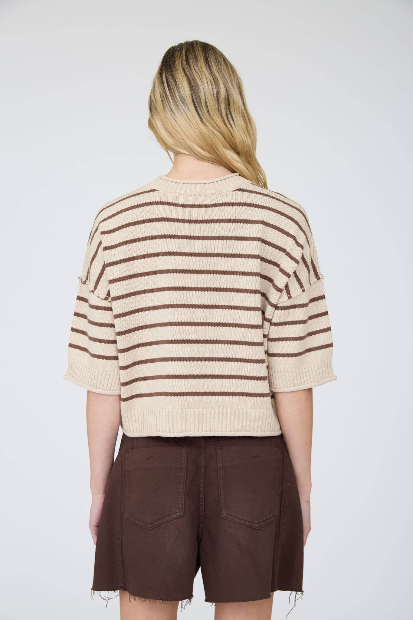 STRIPE RAW EDGE DROP SHOULDER SHORT SLEEVE SWEATER