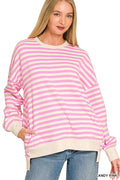 Premium Yarn Dyed Stripe Fleece Hi Low Sweatshirt w/ Pockets