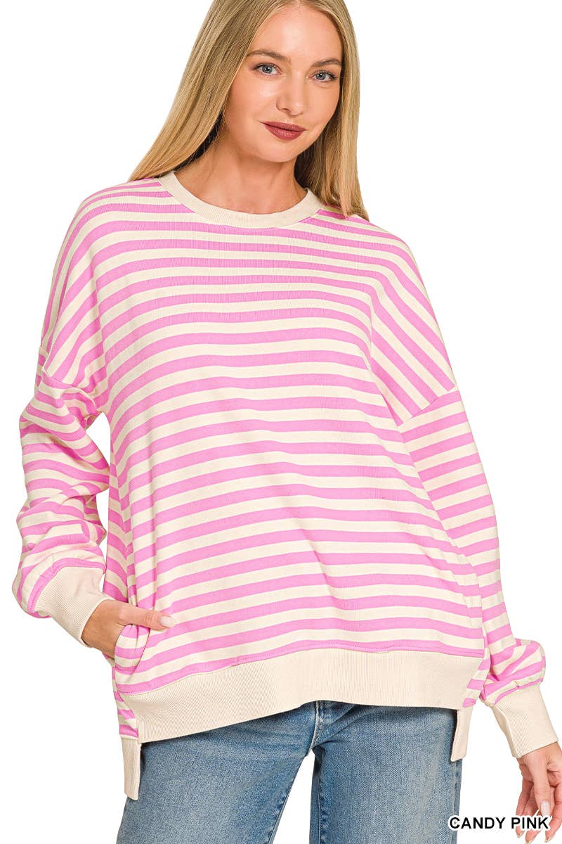 Premium Yarn Dyed Stripe Fleece Hi Low Sweatshirt w/ Pockets