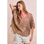 LEOPARD CONTRAST BANDED DOLMAN SLEEVES BLOUSE TOP