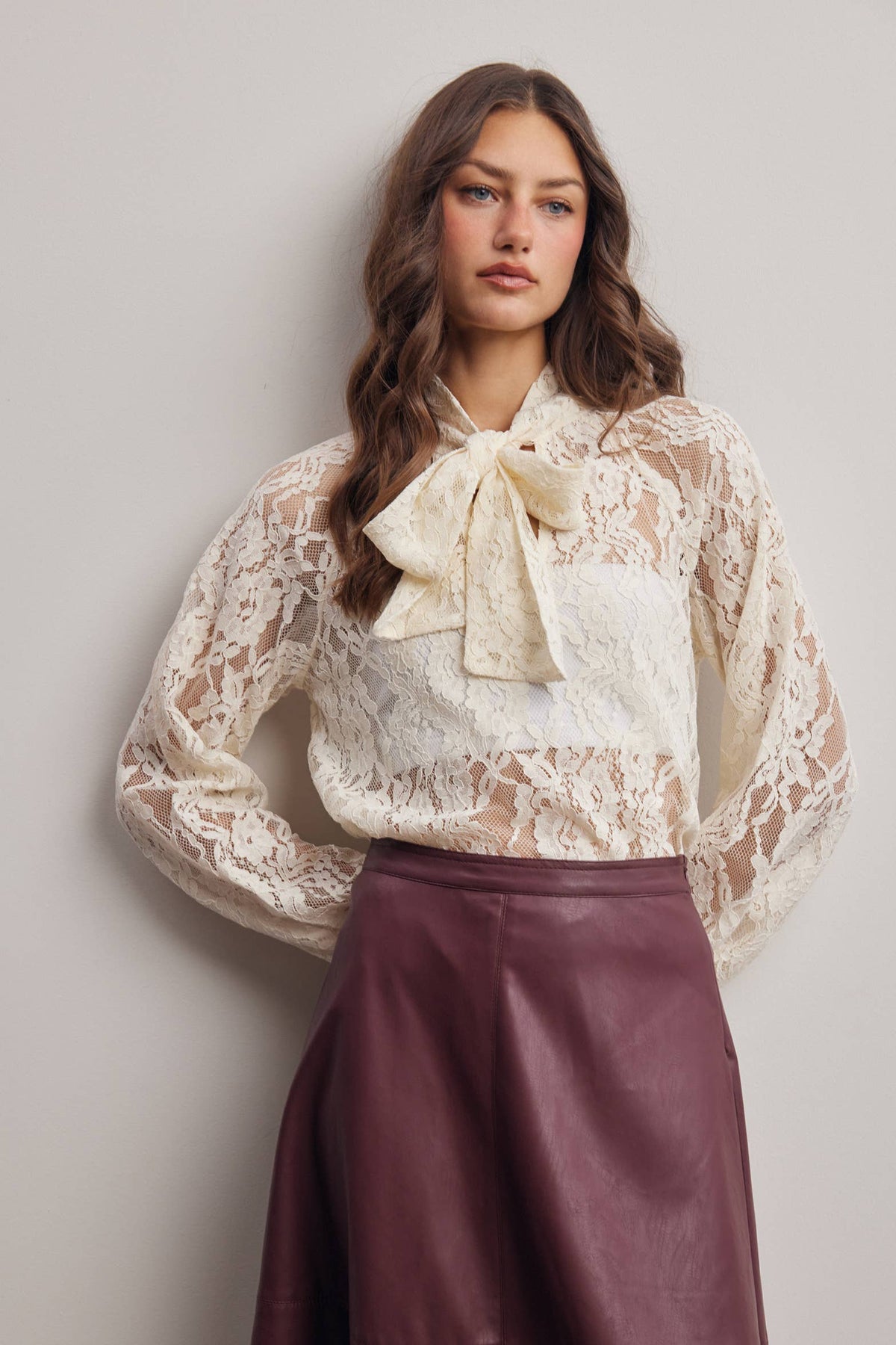 Sheer Lace Tie Neck Blouse FT0059