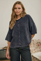 WASHED RIBBED SHORT SLEEVE ROLLED EDGE CARDIGAN