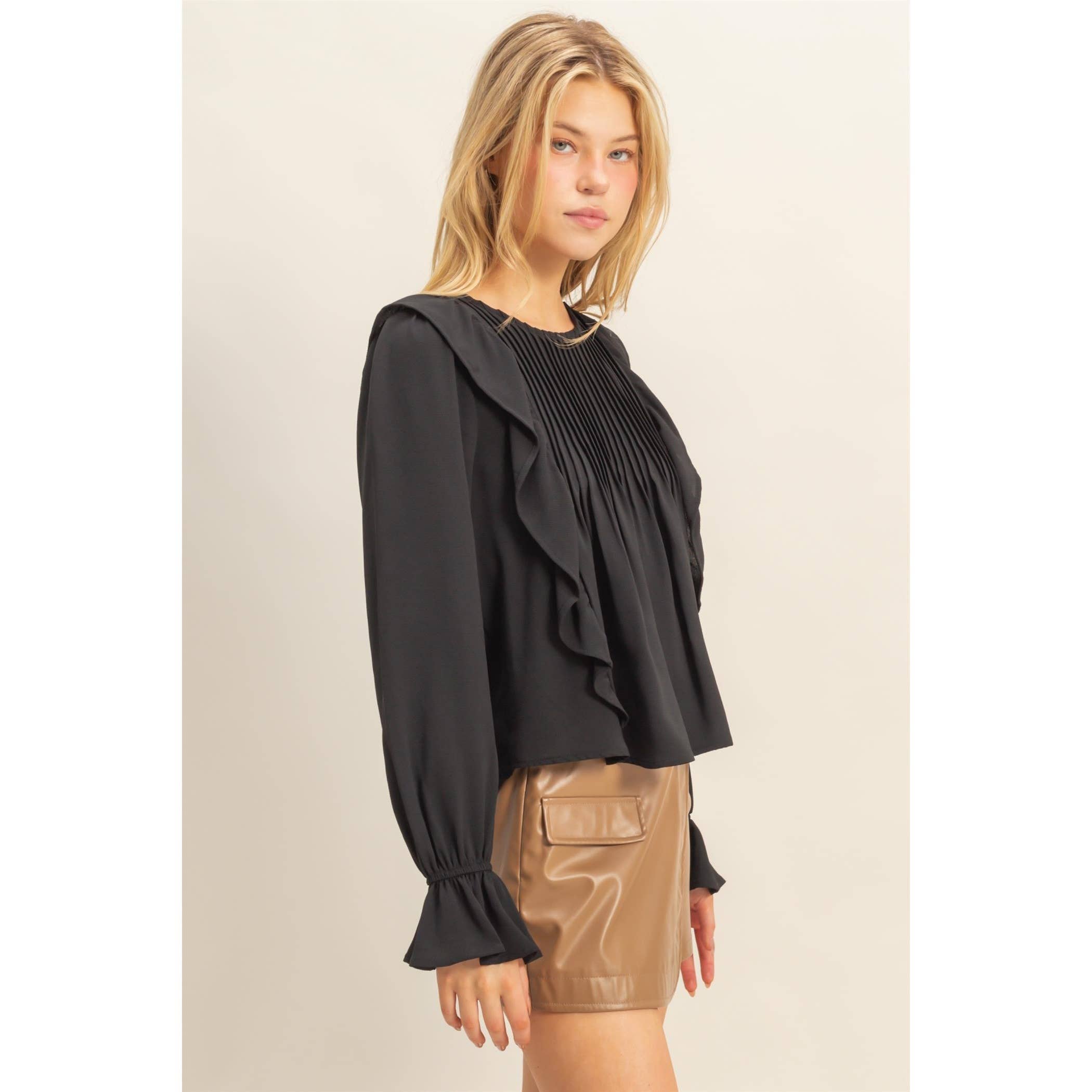 Pintuck Ruffle Detail Woven Blouse