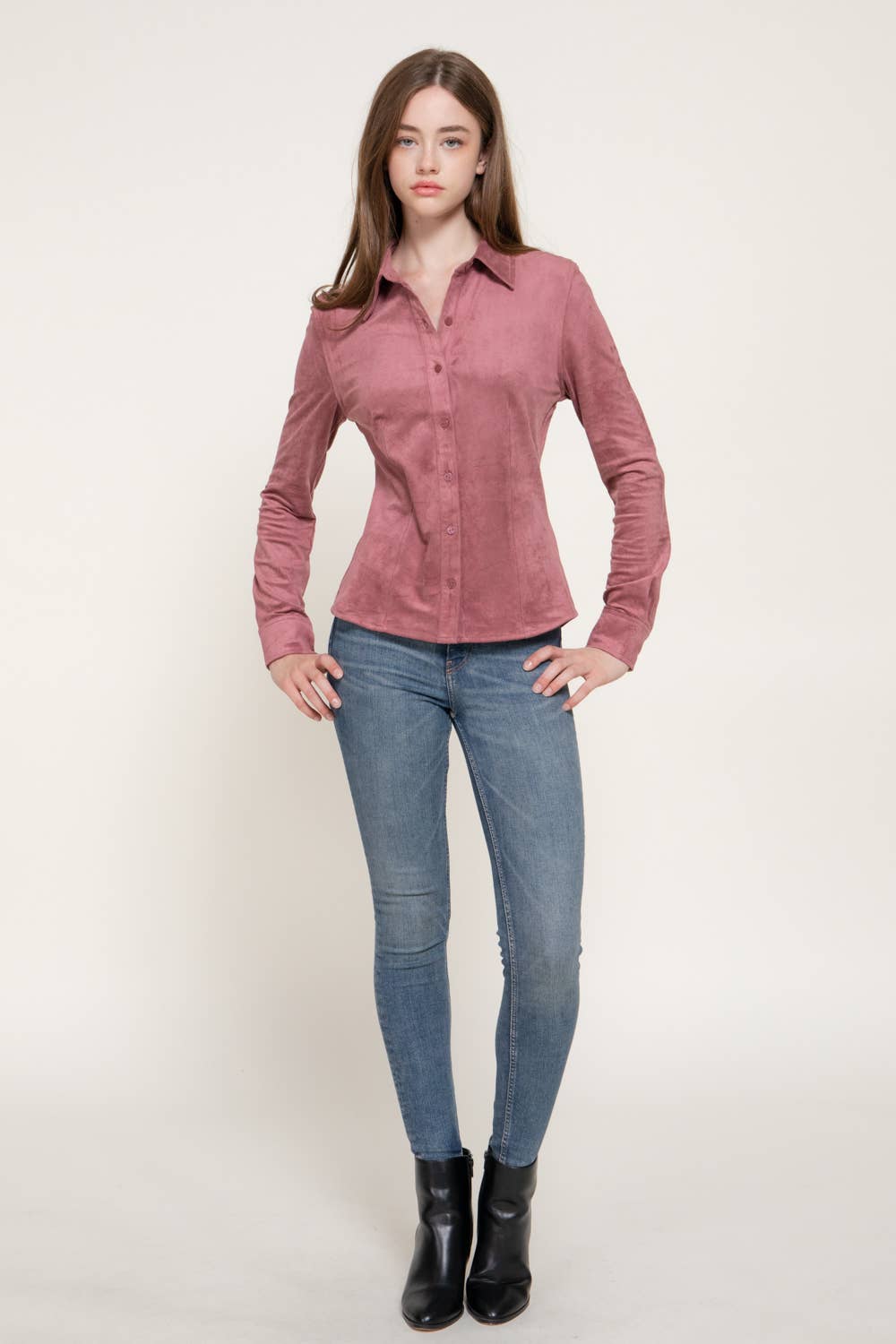 Long Sleeve Button Down Stretch Faux Suede Shirt