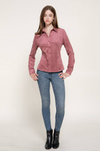 Long Sleeve Button Down Stretch Faux Suede Shirt