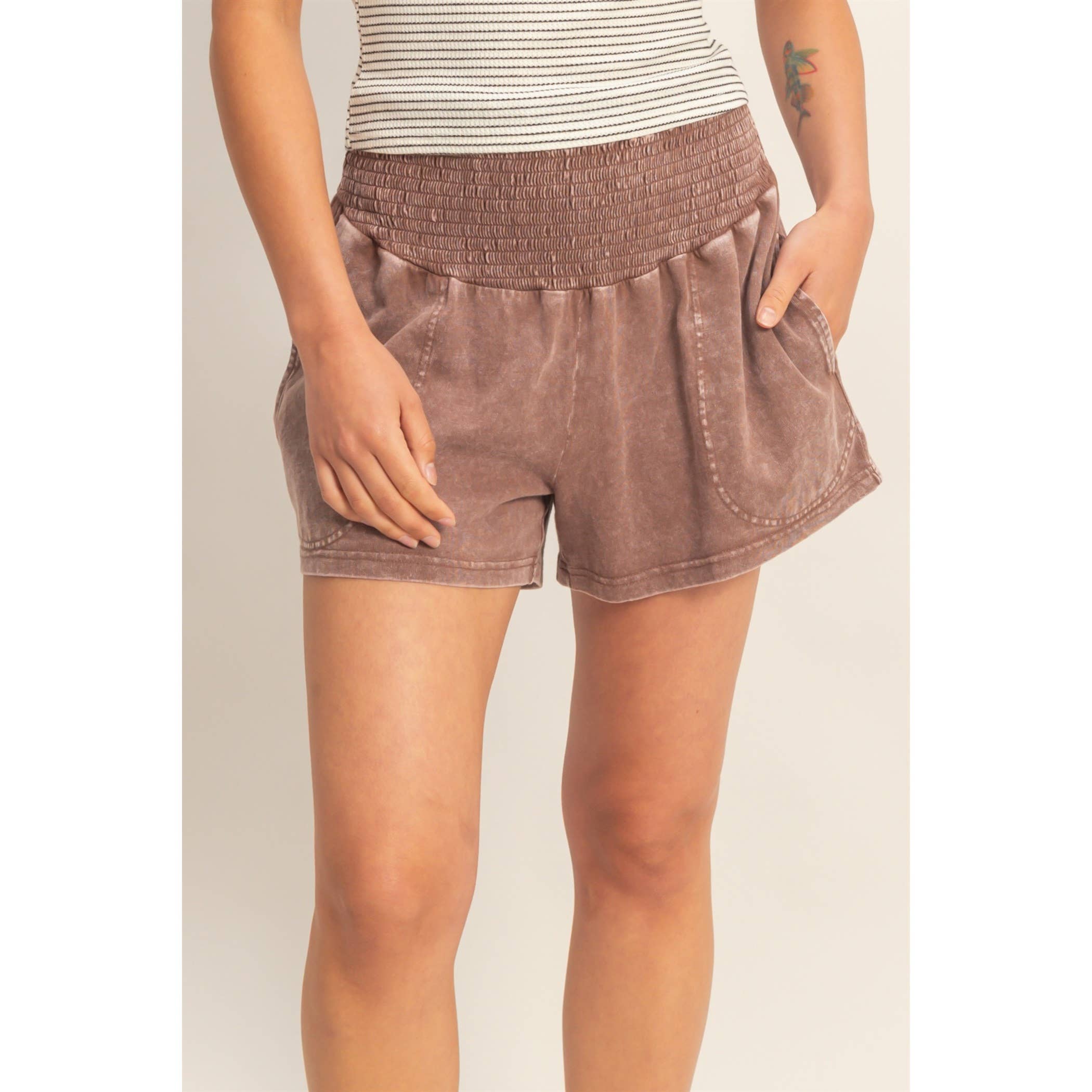 Smocked Waist Mineral Wash Shorts