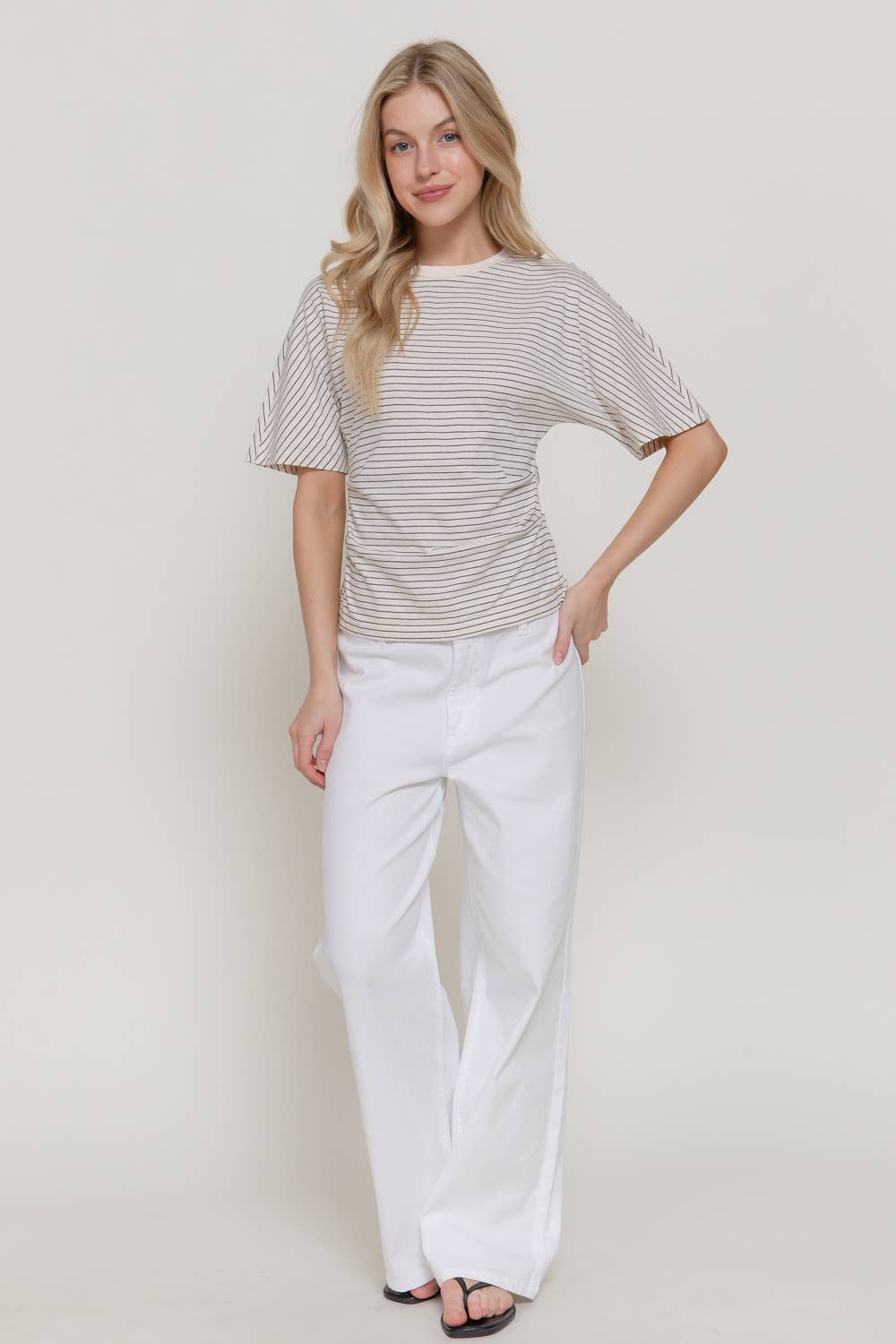 Short Dolman Sleeve Defined Silhouette Stripe Knit Top