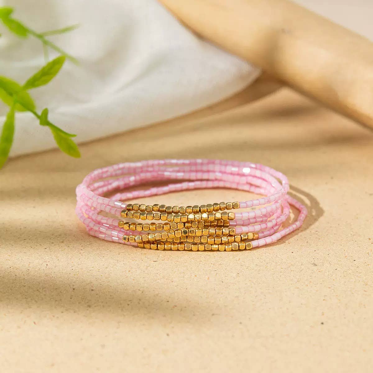 Pink and Gold Beaded Stackable Bracelets