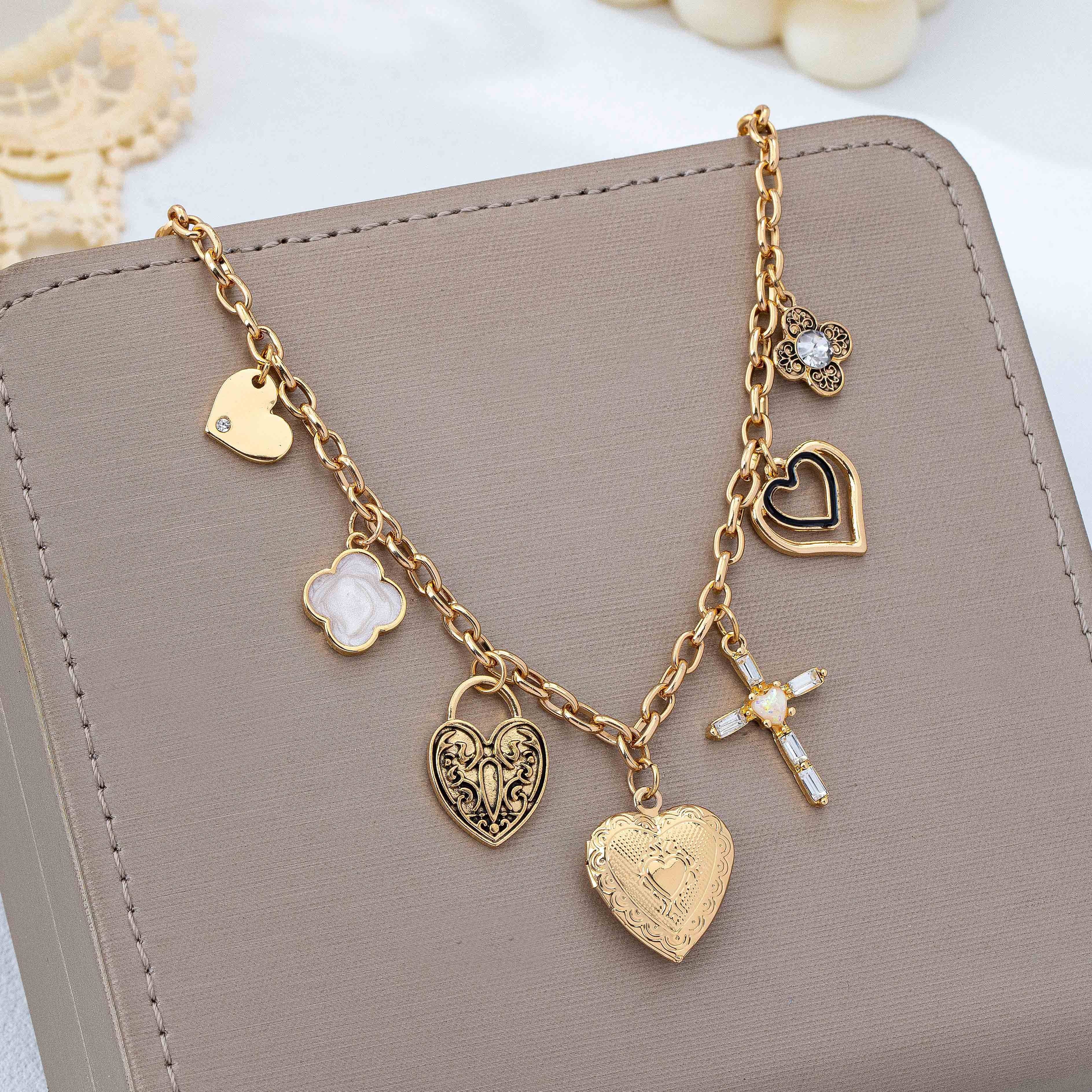 Antique Heart Locket & Cross Multi-Charm Necklace | 80N93116