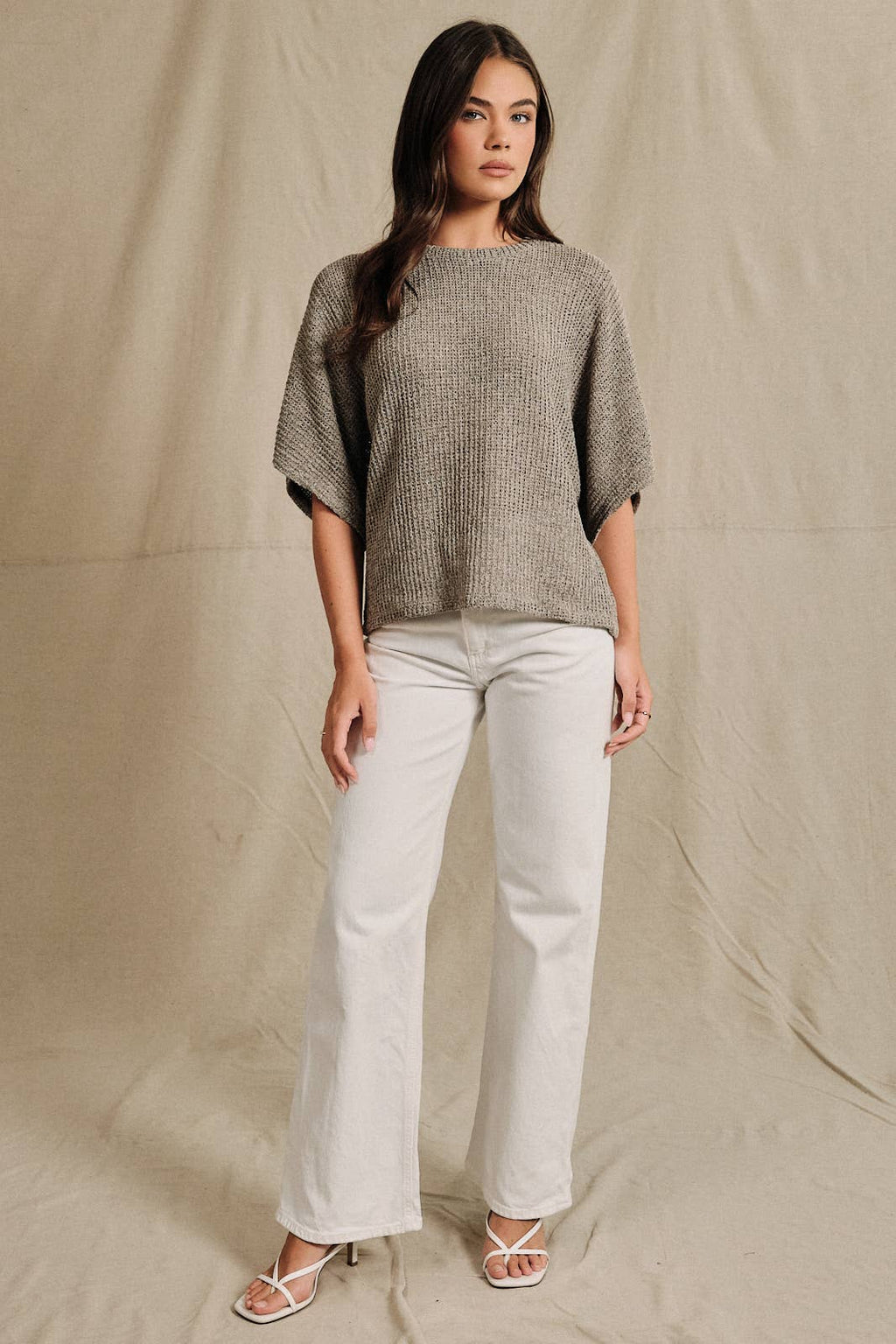 Oatmeal Boucle Crew Neck Kimono Sleeve Top