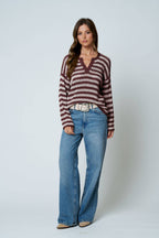STRIPE RAW EDGE SPLIT NECK SHEER KNIT SWEATER