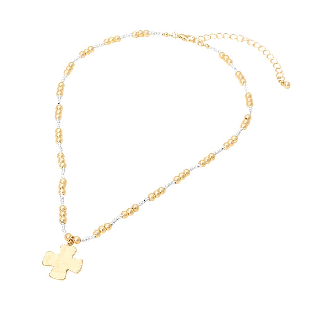 Brushed Hammered Metal Cross Pendant Beaded Chain Necklace