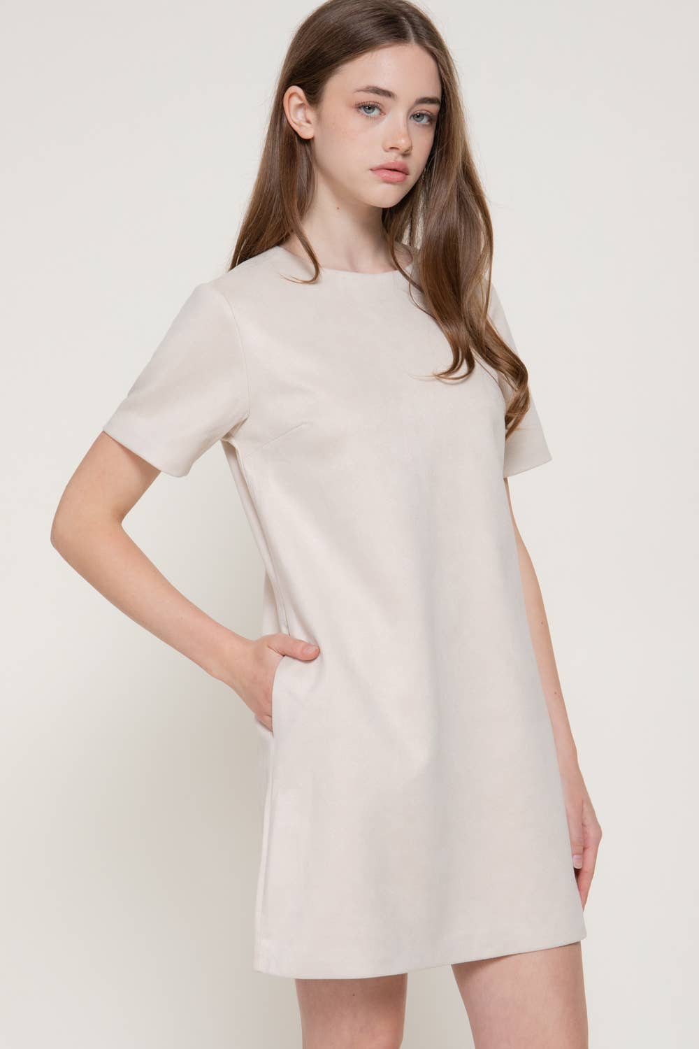 Short Sleeve Round Neck Semi A-Line Faux Suede Mini Dress