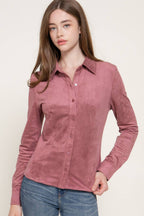 Long Sleeve Button Down Stretch Faux Suede Shirt