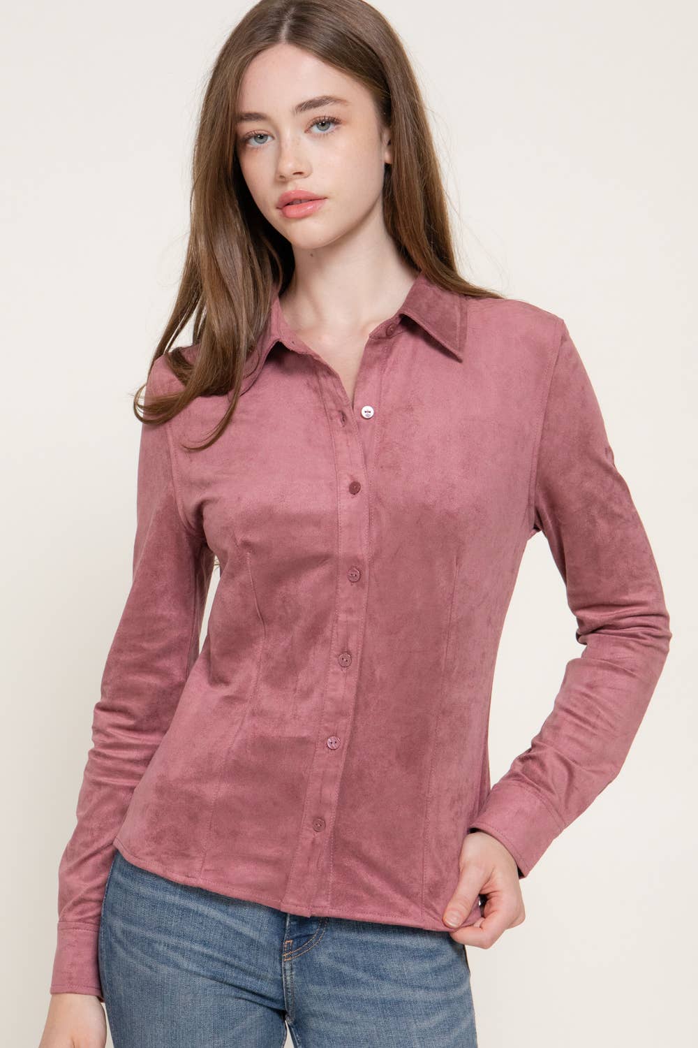 Long Sleeve Button Down Stretch Faux Suede Shirt