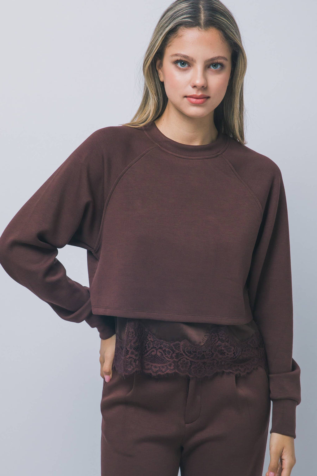Lace-trimmed Layered Cropped Sweatshirt