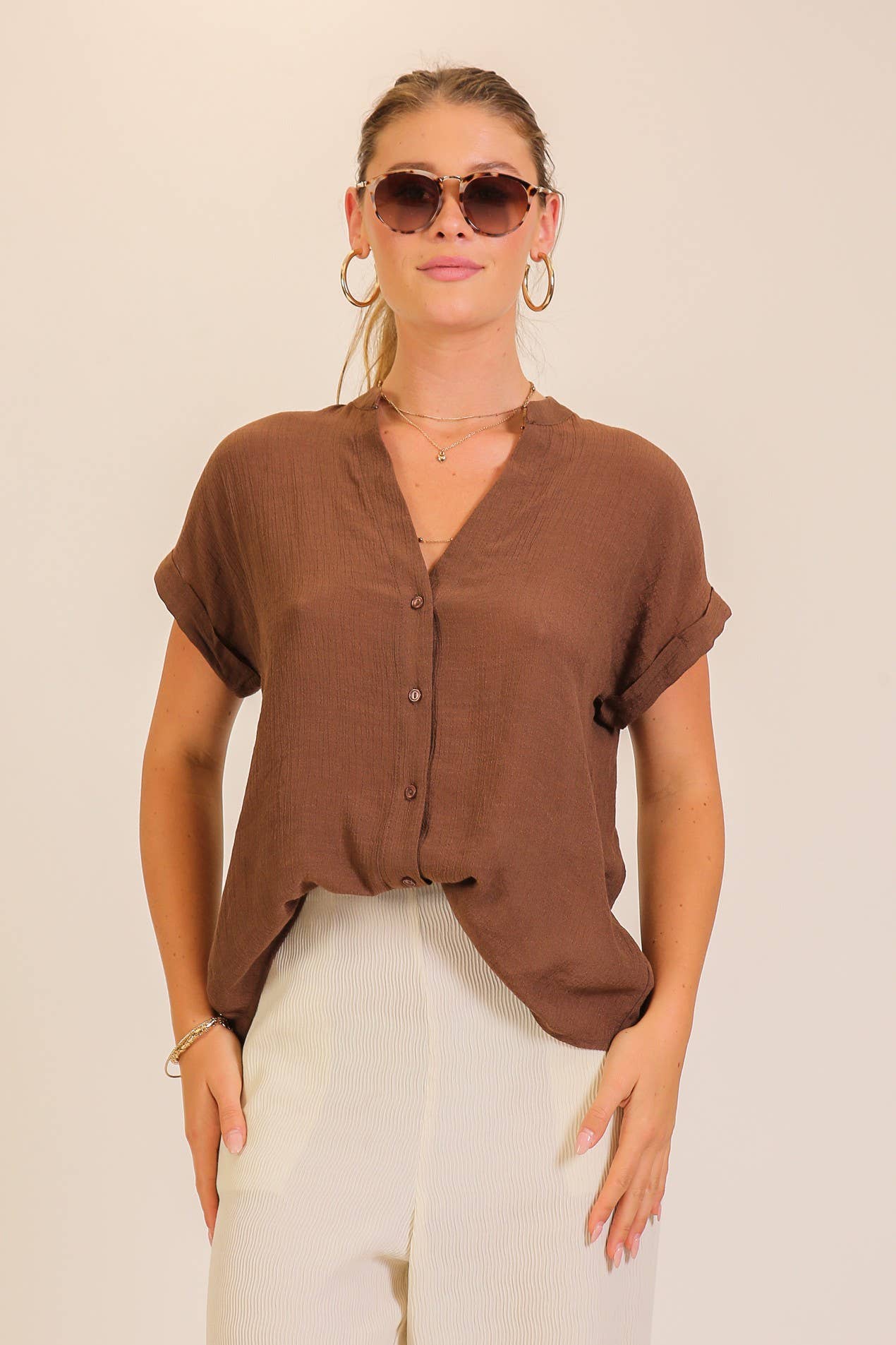 Textured Gauze Button-front Hi-Low Hem Blouse