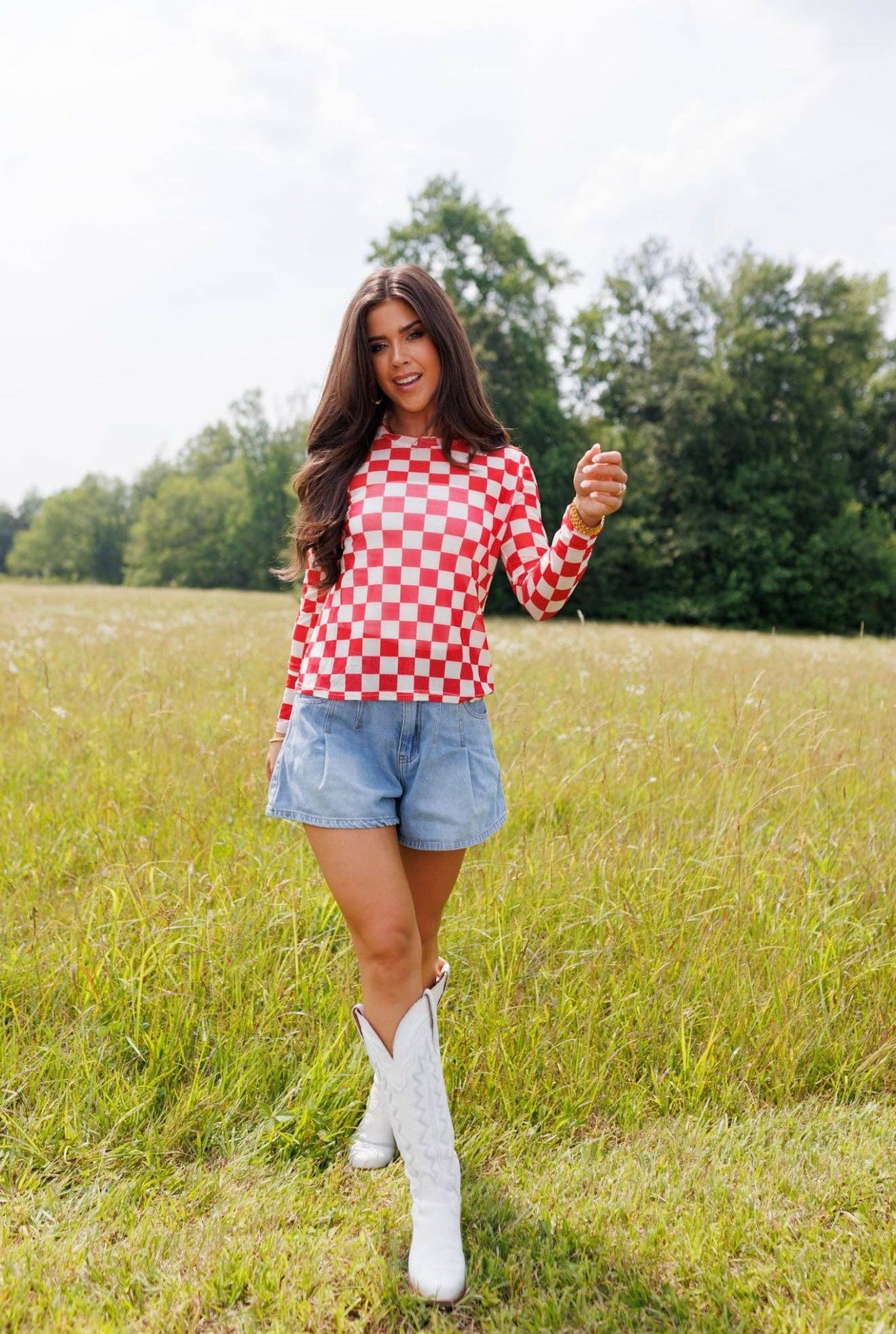 Fest Red Checkerboard Mesh Top