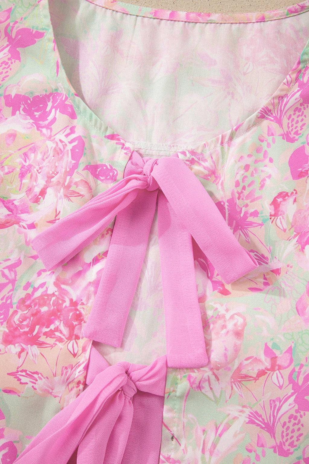 PRETTY BASH Floral Ribbon Tie Front Puff Sleeve Blouse