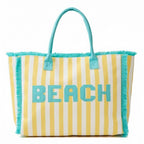 BEACH Letter Embroidery Terry Cloth Frayed Striped Shoulder Tote Bag